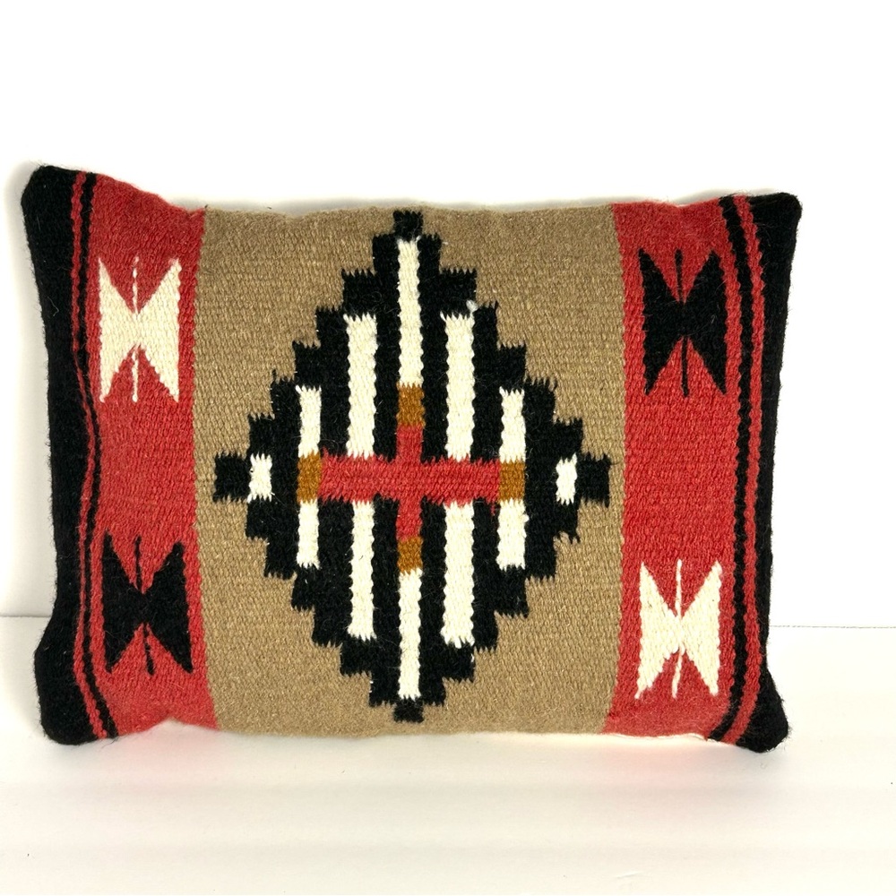 Vintage Aztec boho black white red and tan Accent Pillow jute